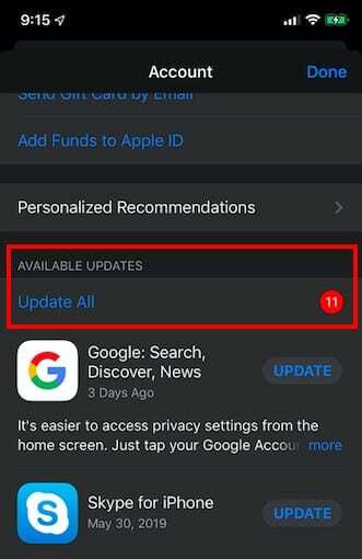 iOS 13'te App Store Güncellemeleri nerede?
