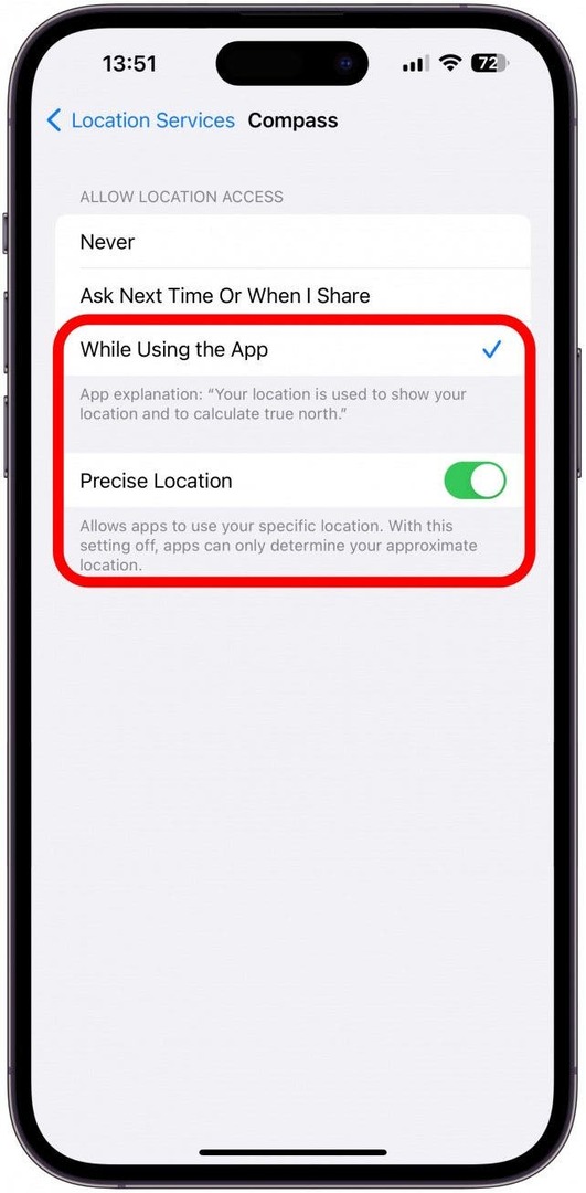 engedélyezze a Pontos helymeghatározást az iPhone beállításaiban az Iránytű alkalmazásban.