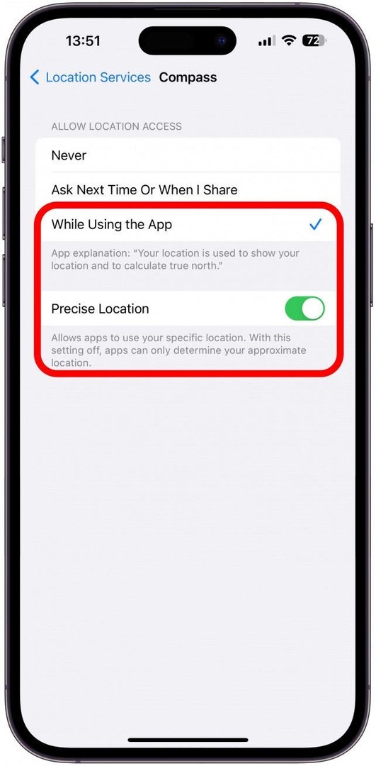 habilite la ubicación precisa en la configuración de su iPhone en la aplicación Compass.