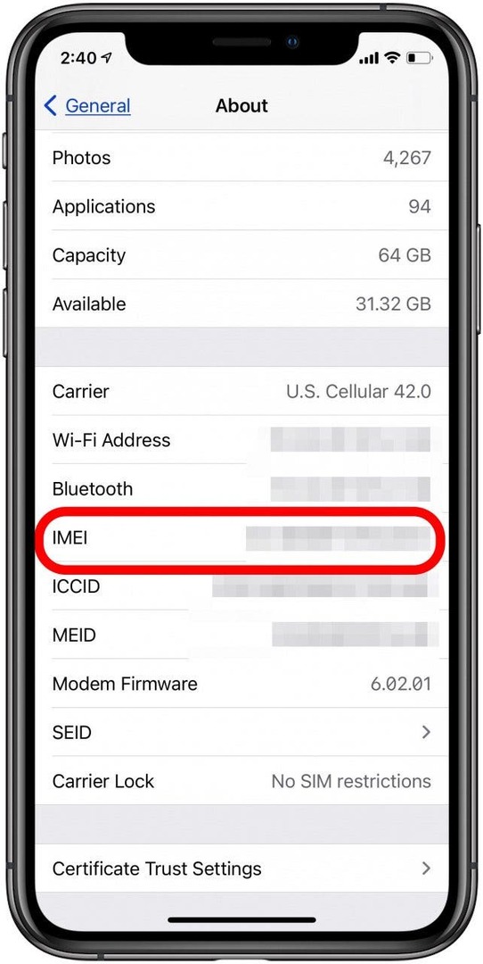 iphone imei számot az általános iphone beállítások körülbelül szakaszában