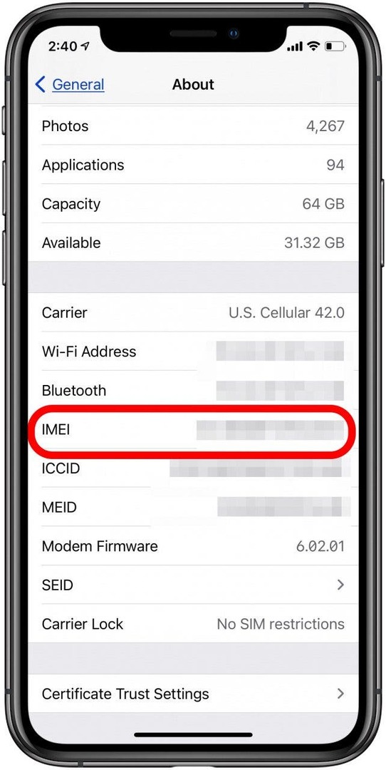 iphone imei broj u odjeljku o općim postavkama iphonea