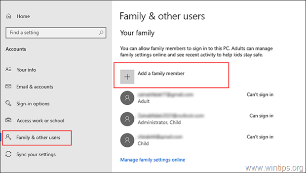 přidat člena rodiny Windows 10
