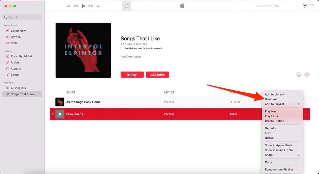 Posnetek zaslona, ​​ki prikazuje možnost prenosa za Apple Music v sistemu Mac