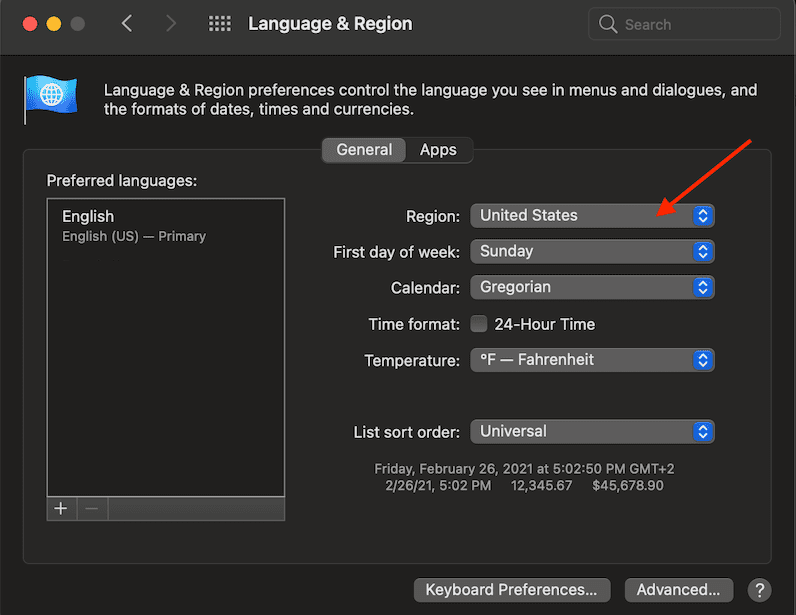 macOS भाषा और क्षेत्र सेट क्षेत्र