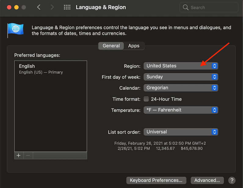 „macOS“ kalbos ir regiono rinkinio regionas