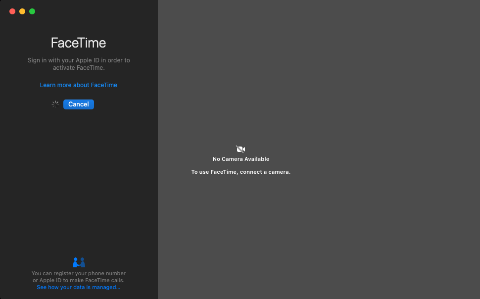 Скриншот: Не удается войти в FaceTime на Mac.