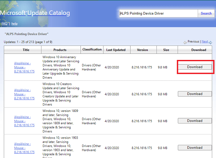 Download del driver del dispositivo di puntamento ALPS