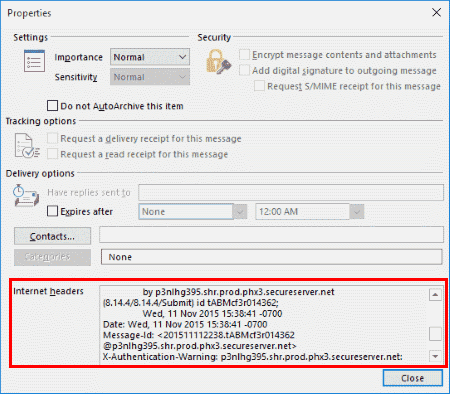 ส่วนหัวของข้อความ Outlook