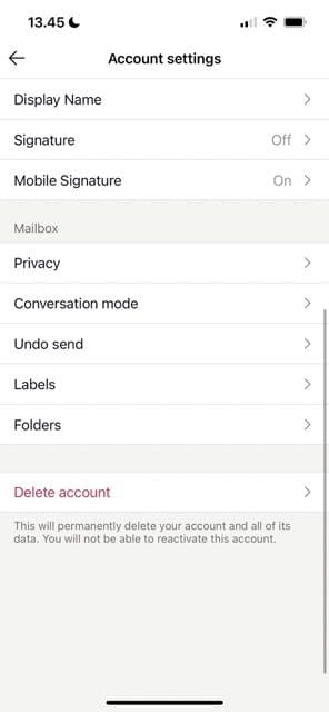 ProtonMail में वार्तालाप मोड टैब दिखाने वाला स्क्रीनशॉट