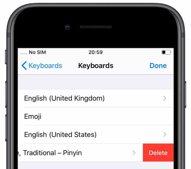 Paramètres du clavier iOS avec bouton pour supprimer le clavier sur iPhone 8