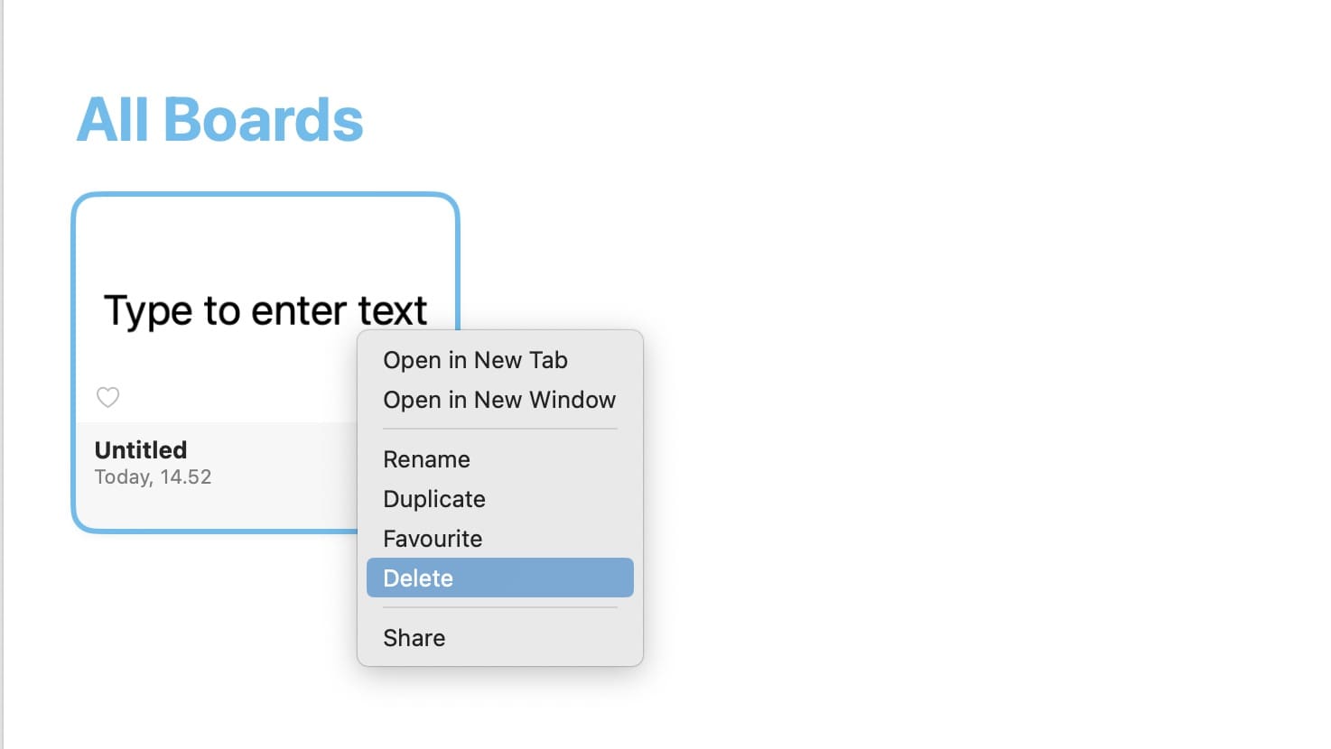 Skærmbillede, der viser, hvordan du sletter lærreder i Freeform på Mac