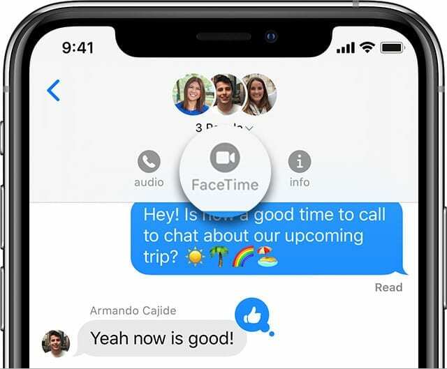 Gumb FaceTime iz grupnog chata Poruke