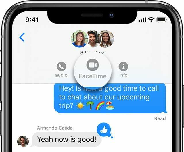 FaceTime ღილაკი Messages ჯგუფური ჩატიდან