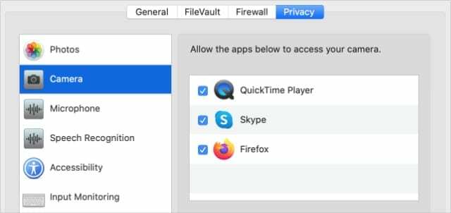 Preferências privativas da câmera em um Mac