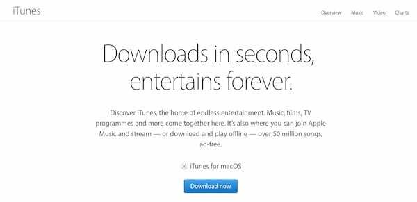 สกรีนช็อตของหน้าดาวน์โหลด iTunes จากเว็บไซต์ของ Apple