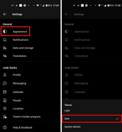 Dark Mode บน Teams สำหรับ Android