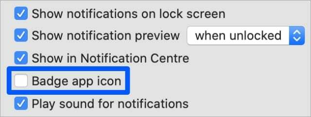 Casilla de verificación del icono de la aplicación de insignia en Preferencias del sistema de notificación de mensajes