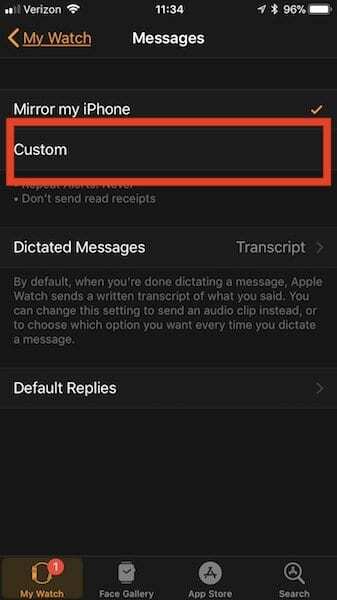 Desativar recibos de leitura para Apple Watch