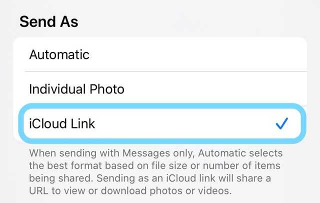 Možnosti Odeslat jako iCloud Photo Link iOS 13 a iPadOS