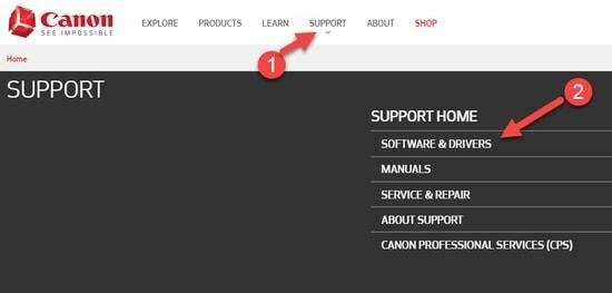 Selecione Software & Drivers na guia Support do Cannon Official Site