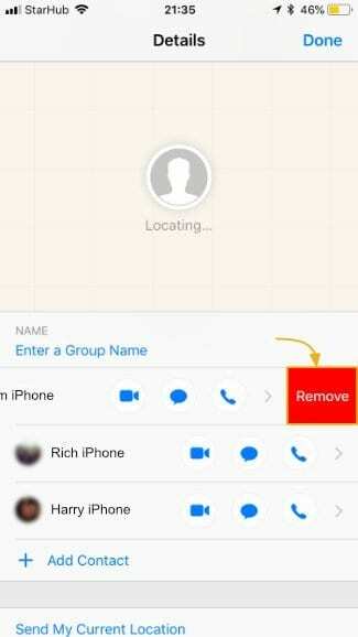 Skjermbilde av Fjern-knappen på Group Chat Details-siden