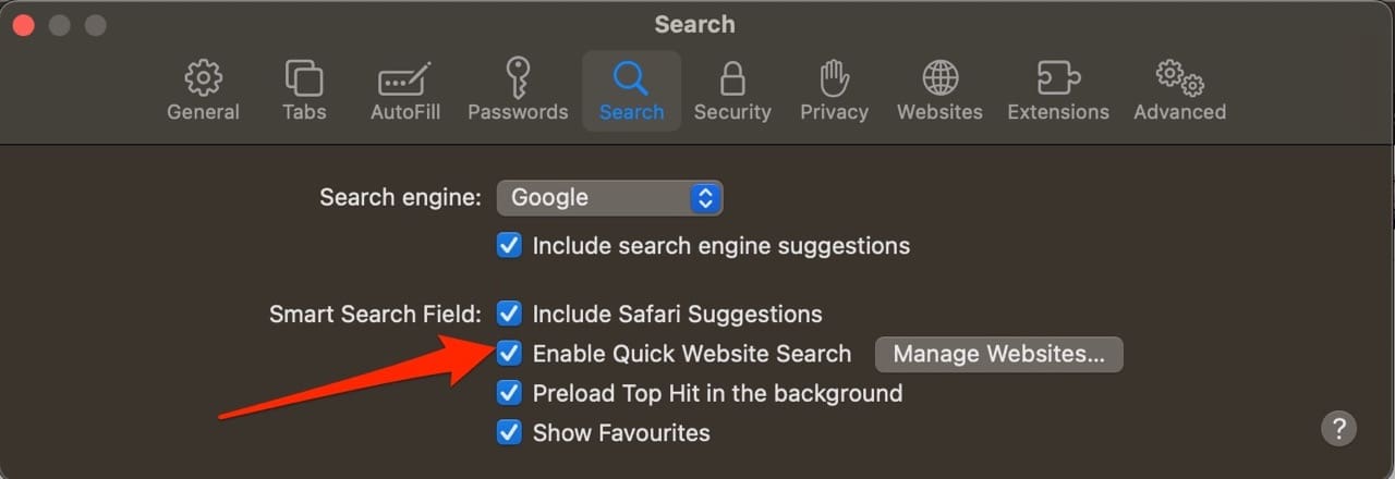 Képernyőkép, amely bemutatja, hogyan kapcsolhatja ki a Webhely gyorskeresés engedélyezése opciót Mac rendszeren