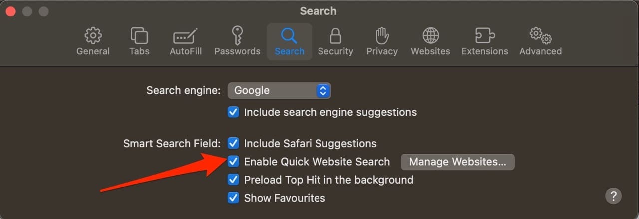 Screenshot che mostra come disattivare l'opzione Abilita ricerca rapida sito web su Mac