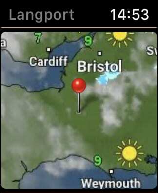 Weather & Radar que muestra el mapa del tiempo de ubicación en Apple Watch.