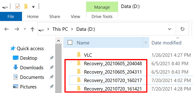 mape za obnovitev datotek Windows