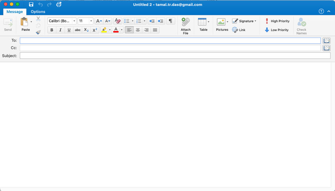 Карточка создания электронной почты нового приложения Outlook для Mac