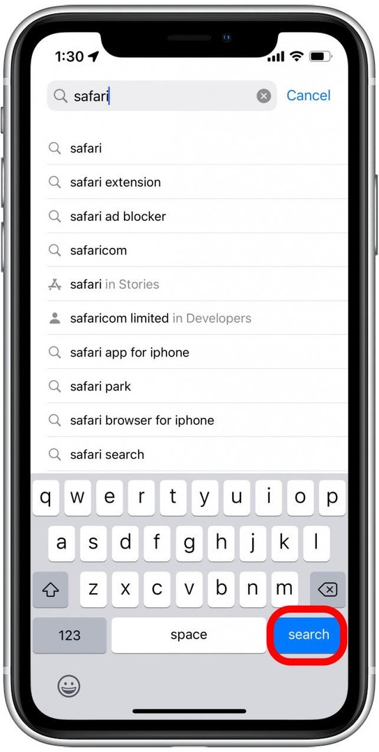सर्च बार में Safari टाइप करें और Search दबाएं।