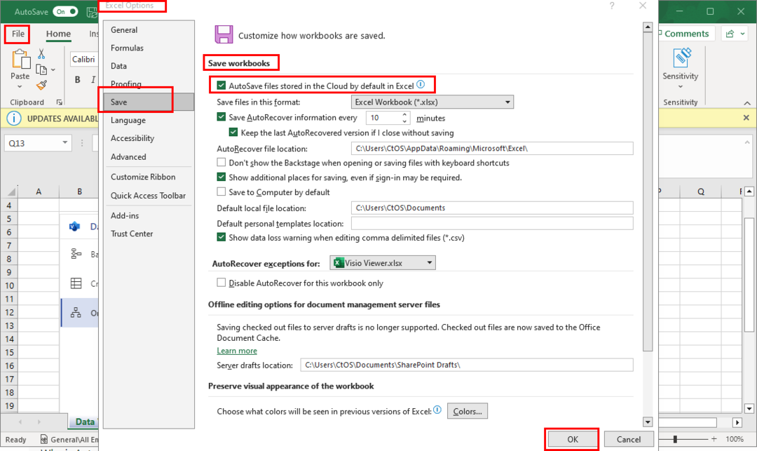 Excel Seçeneklerinde Otomatik Kaydet seçeneği