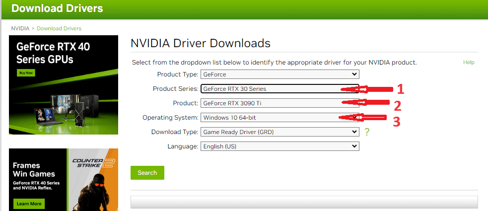 Site officiel de Nvidia - Sélectionnez RTX 3090 Ti et sélectionnez le système d'exploitation