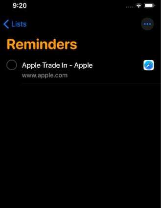 Meeldetuletusüksus iOS 13-s koos Safari manuse lingiga