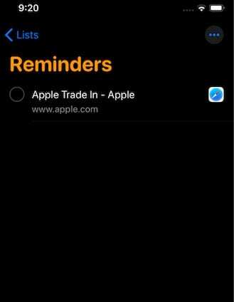 Item pengingat di iOS 13 dengan tautan lampirkan dari safari