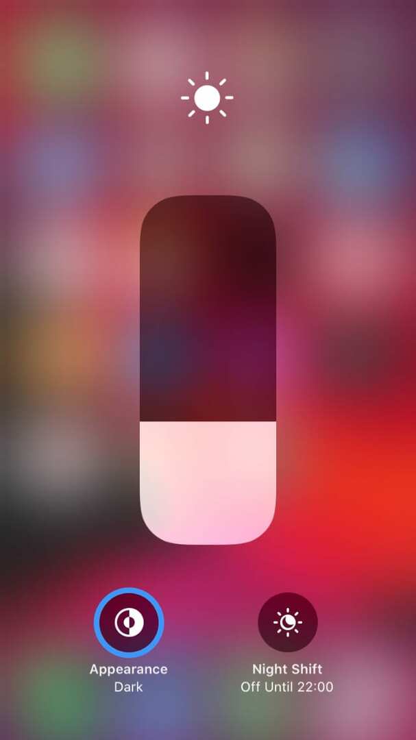 Tlačidlo tmavého vzhľadu v ovládacom centre iOS 13