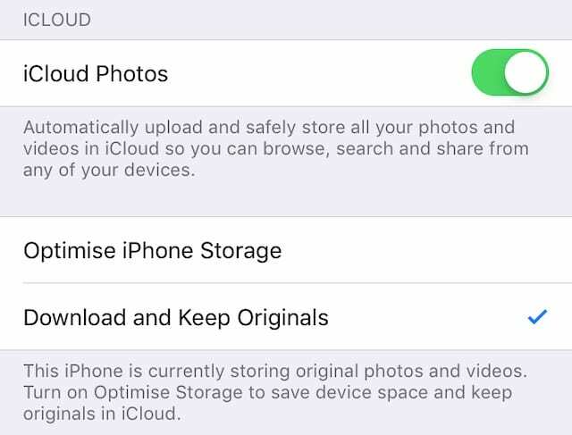 Opcija Download and Keep Originals iCloud Photos
