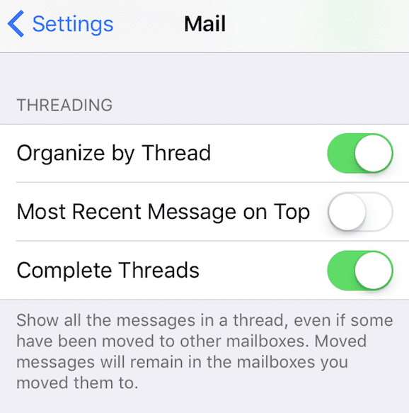 Opciones de subprocesamiento de correo de iOS 10