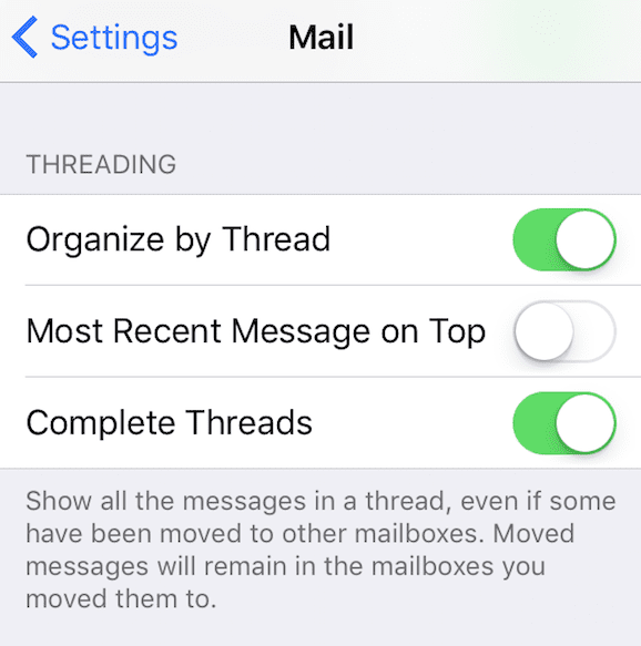 iOS 10 메일 스레딩 옵션