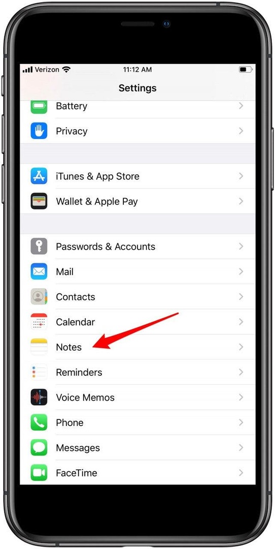 configurações de notas do iphone