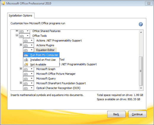 Office 2010 Активиране на избор на редактор на уравнения