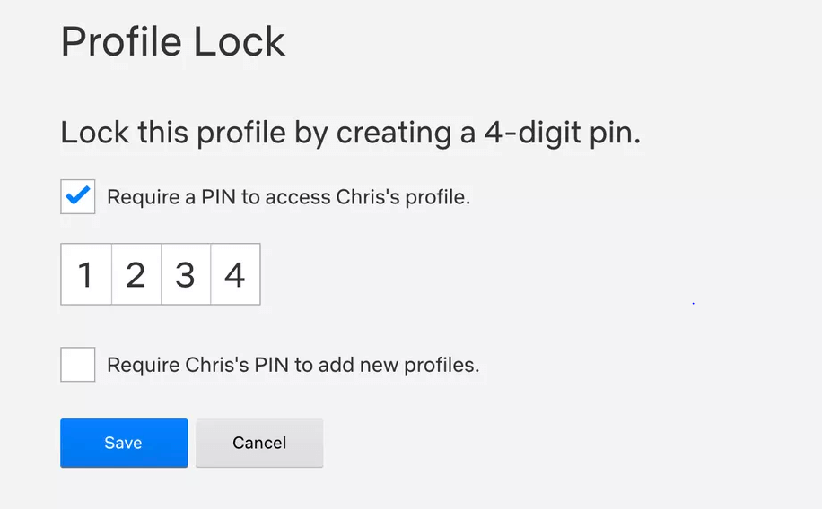 atzīmējiet izvēles rūtiņu Pieprasīt PIN, lai piekļūtu atlasītajam profilam, lai Netflix profilā iestatītu PIN bloķēšanu