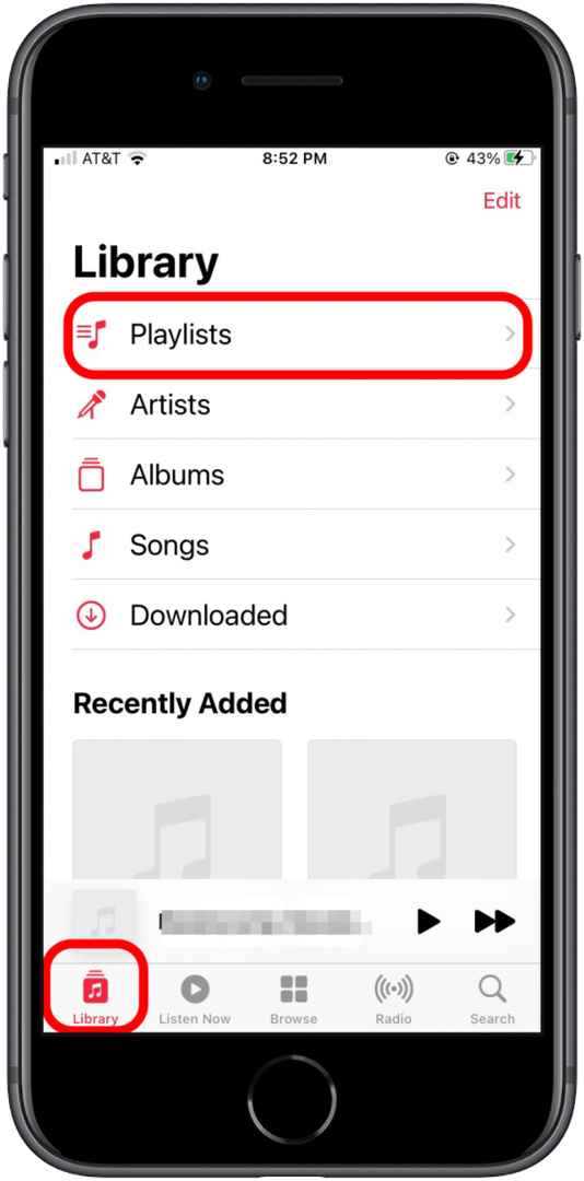 „Apple Music“ programoje pasirinkite biblioteką ir grojaraščius.