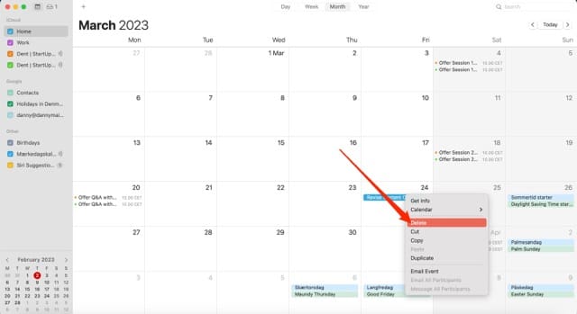 Екранна снимка, показваща как да изтриете събитие в Apple Calendar за macOS