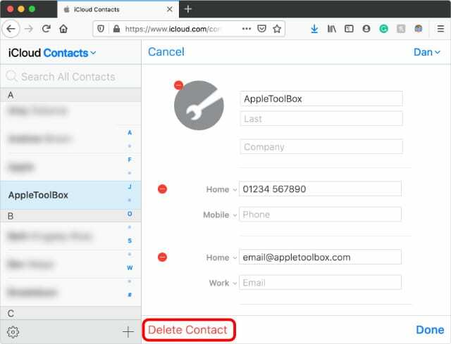 Gumb Izbriši kontakt s web-mjesta iCloud za kontakt AppleToolBox