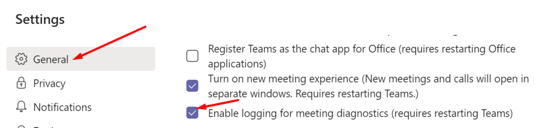 मीटिंग डायग्नोस्टिक्स Microsoft टीमों के लिए लॉगिंग सक्षम करें