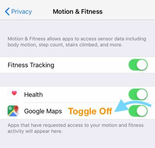 desative o rastreamento de movimento do Goggle Maps e rastreamento de condicionamento físico iOS