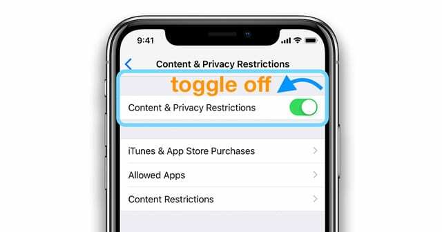 გამორთეთ კონტენტის და კონფიდენციალურობის შეზღუდვები iOS 12 და ზემოთ