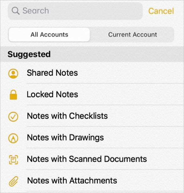 Options de recherche dans Notes sous iPadOS et iOS 13