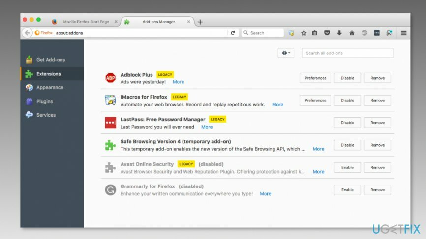 Atinstalējiet Firefox paplašinājumus